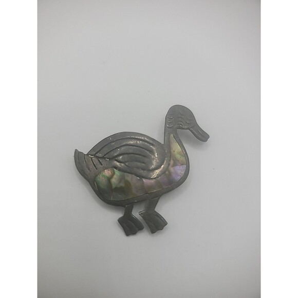 Vintage 925 Sterling Silver Brooch Pin Duck Abalone Shell Inlay Jewelry Fine - Picture 1 of 13